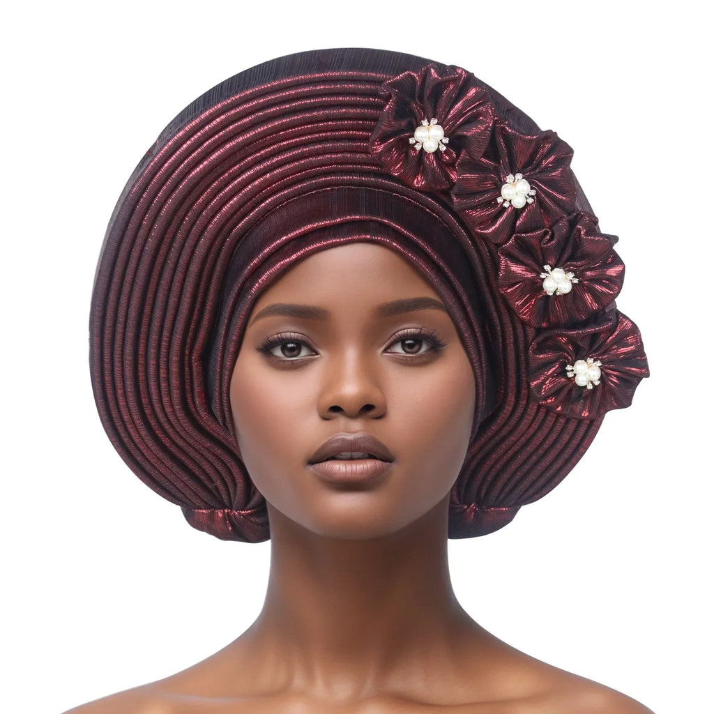 New African Auto Gele Headties Beads Turban Cap Fashion Muslim Women Hijab Hat Bonnet Nigeria Wedding Headgear Party Headpiece