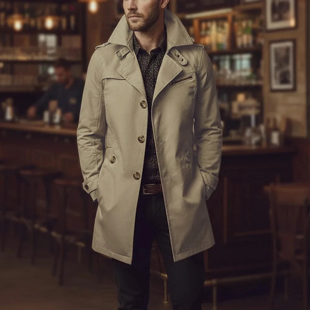 Men's Slim Notched Collar Single Breasted Cotton Jacket Office Casual Business Trench Coat