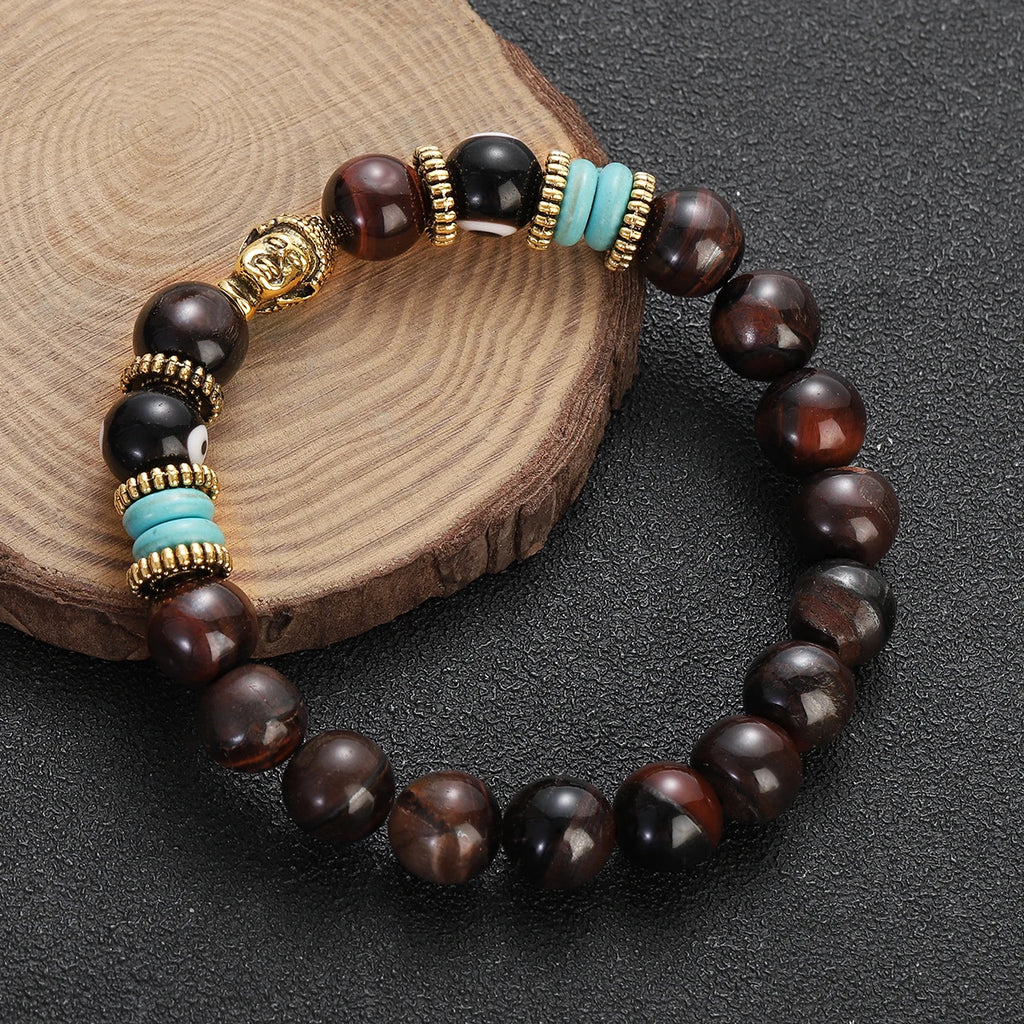 Classic Buddha&Evil Eye Bracelet Women Men 10mm Round Turquoises Blue Stone Bangles Handmade Elastic Yoga Bracelet