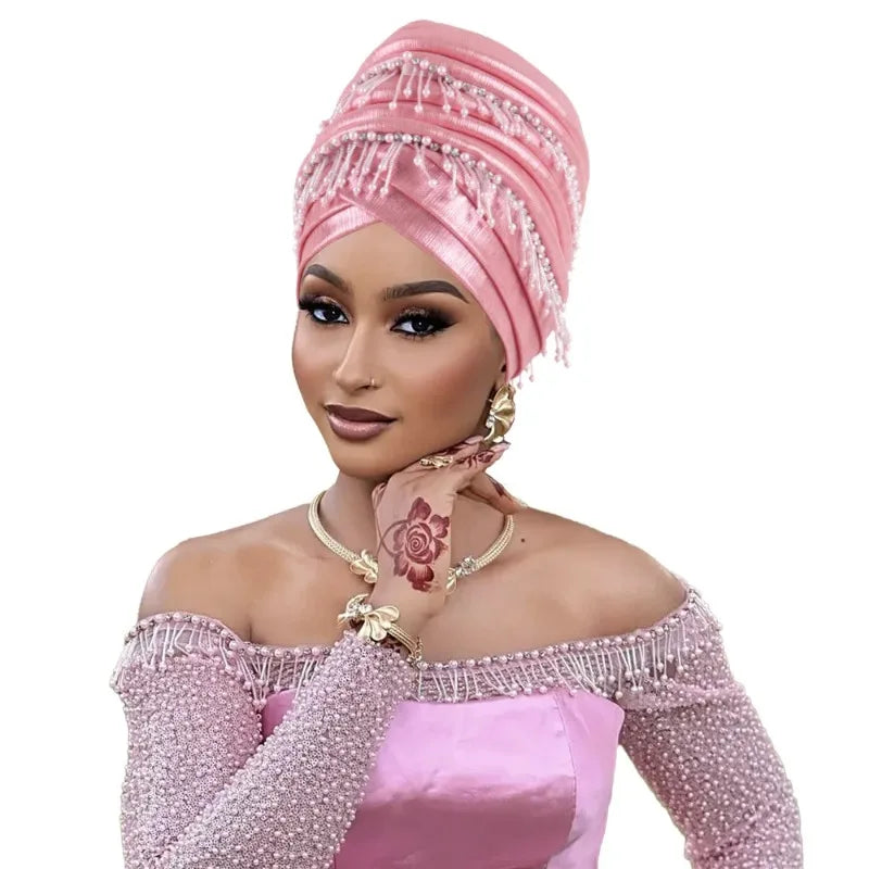 African Headtie Women Beads Tassels Turban Cap Nigerian Wedding Auto Gele Party Headpiece Head Wrap Hijab Bonnet Hat Headdress