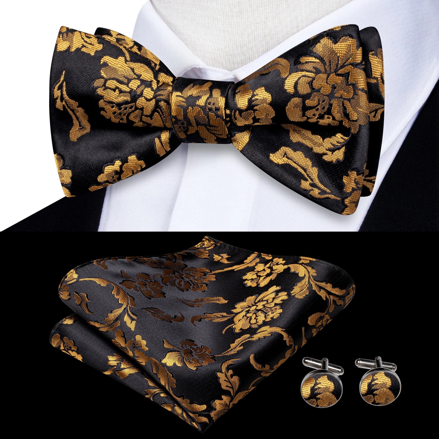 Hi-Tie Silk Mens Self Bow Tie Pocket Square Cufflink Set Butterfly Knot Jacquard Floral Paisley Bowtie for Male Wedding Business
