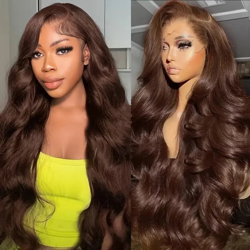 46 Inch Chocolate Brown Lace Frontal Human Hair Wig 250 Density Pre Plucked Brown Hair Wig 5X5 HD Body Wave Lace Front Wig Human