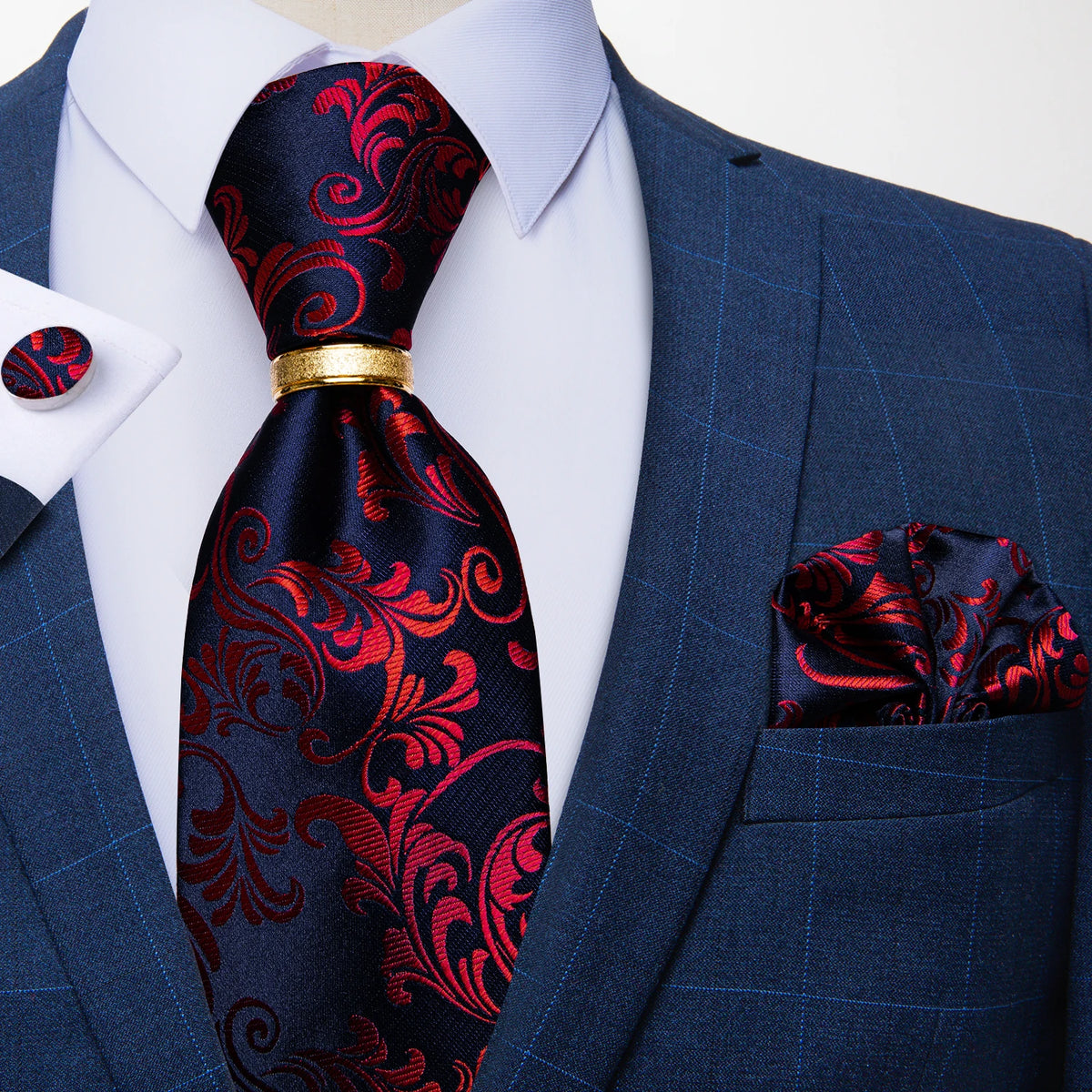 Men's Tie Handkerchief Cuffink Necktie Set Jacquard Woven Silk Blue Wedding Formal Business Party Necktie Ring Set DiBanGu