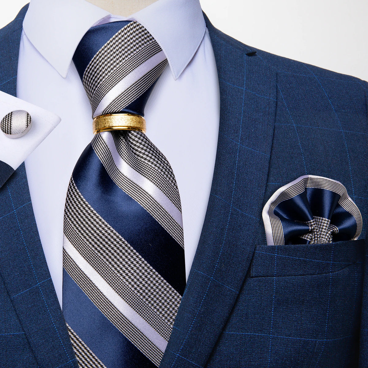 Men's Tie Handkerchief Cuffink Necktie Set Jacquard Woven Silk Blue Wedding Formal Business Party Necktie Ring Set DiBanGu