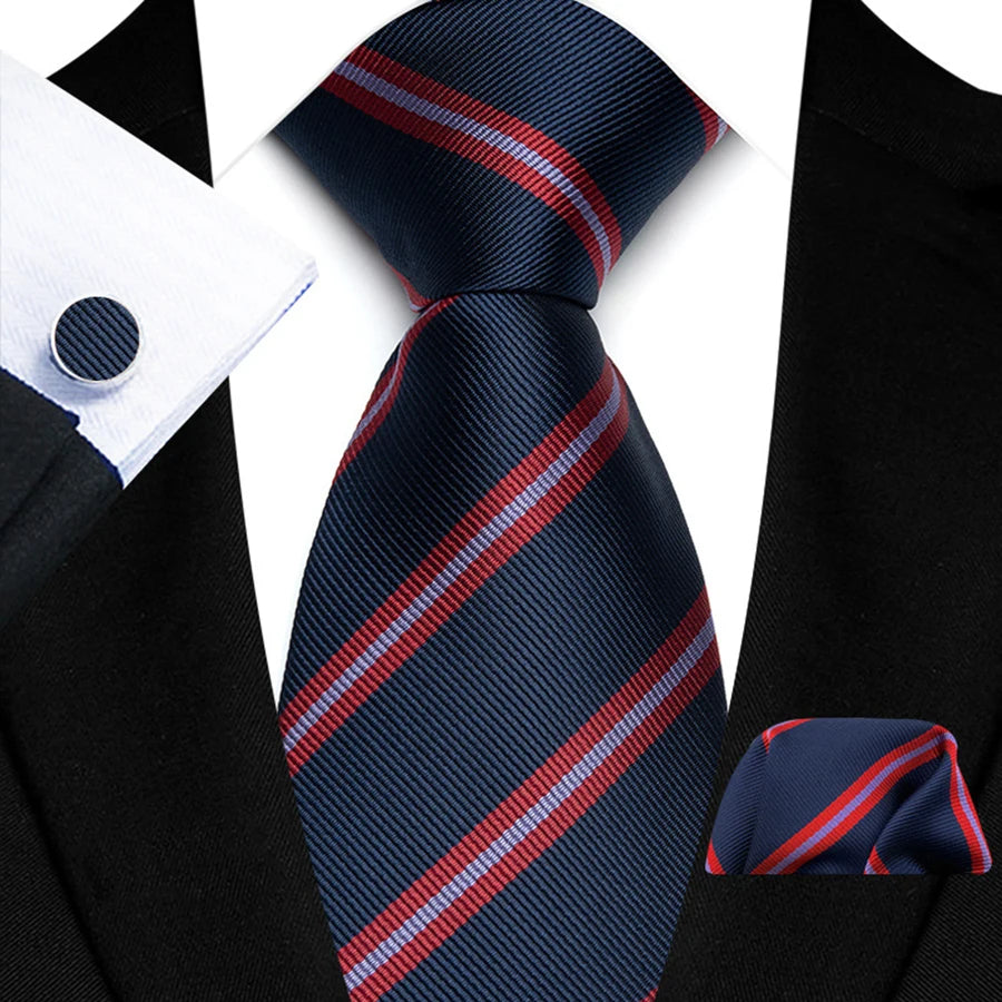 Mens Tie Set Stripes Necktie and Pocket Square Cufflinks Tie Clip Classic Formal Neck Ties for Men Wedding Business Party