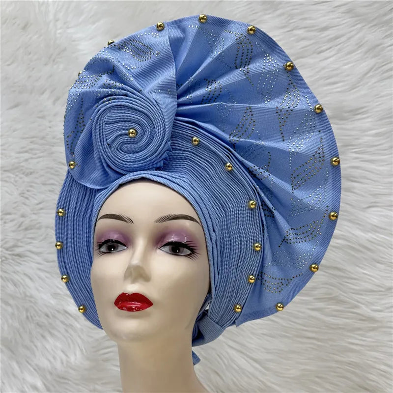 High Quality African Nigeria Gele Elegant Helmet With Stones Headband Turban Head Scarf Head-Hat Auto Gele Brand New Hats 7L1181