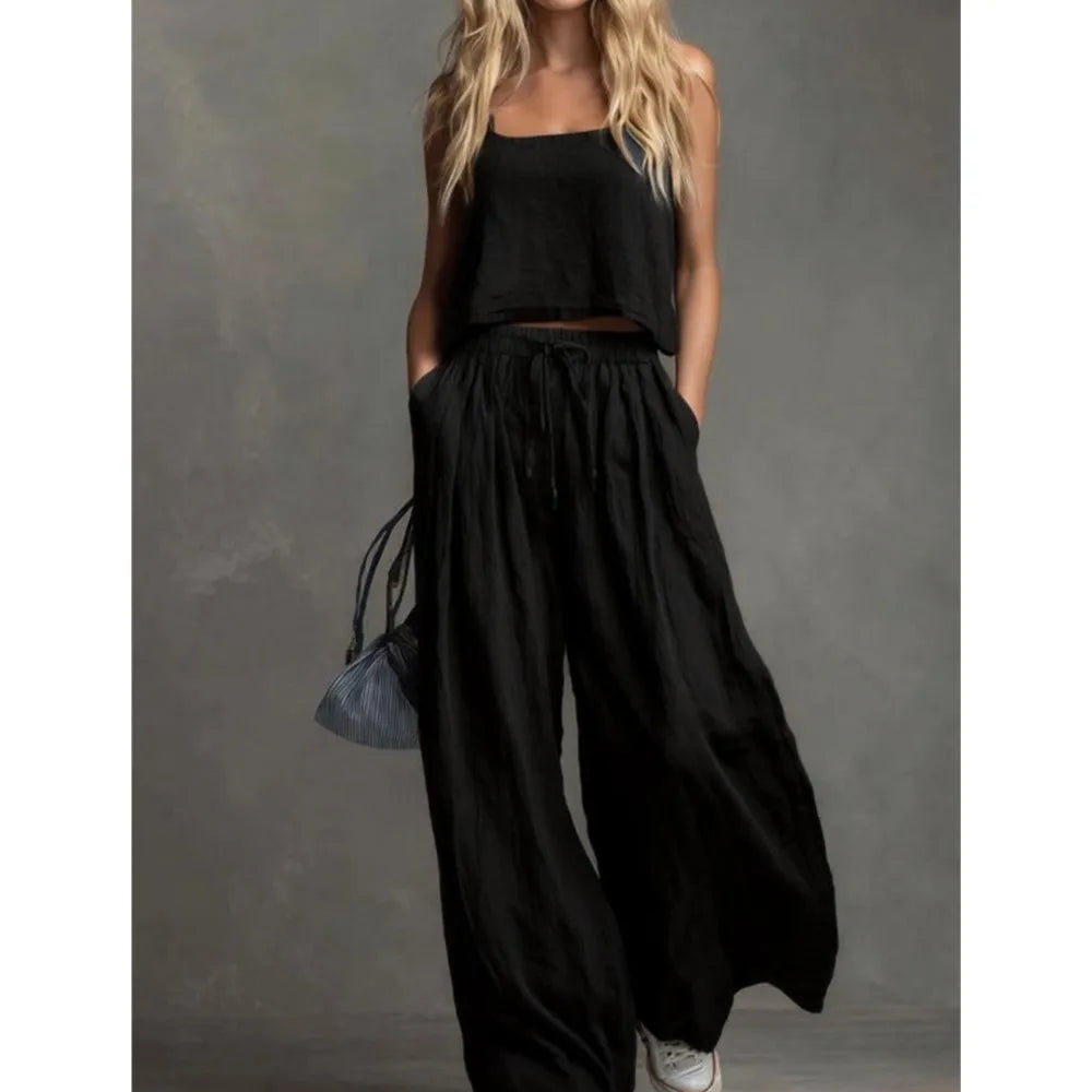 Suspender Top Women + Wide-leg Trousers Women 2piece Set Summer Fashion Elastic Waist Lace-up Pocket Trousers Casual Suit Female