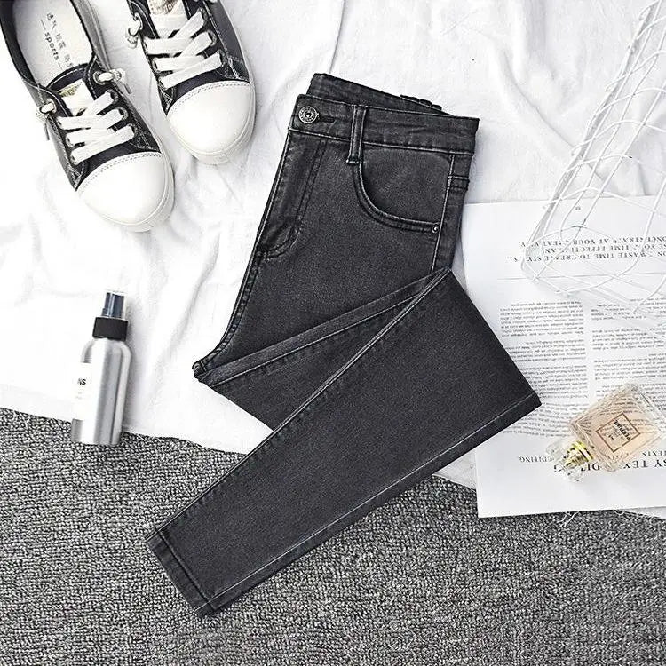 High Waist Slim Fit Jeans Women's Elastic Stretchy Nine Points Pants Spring Autumn Fashionable Casual Straight Leg Trousers