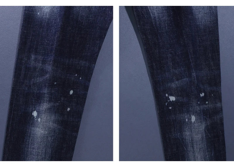 Fashionable men's deep blue jeans with scratches, washed water, nostalgic stretch, slim fit, painted jeans, designer high street