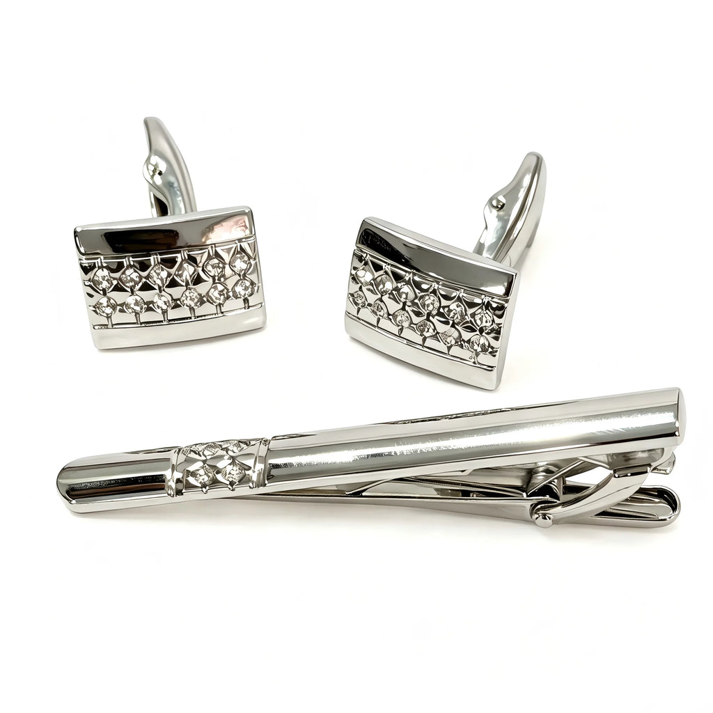 Cufflinks and Tie Clip Set for Men – Gold/Silver Rectangular Cuff Links with 2.36" Tie Bar, Ideal for Wedding, Father's Day