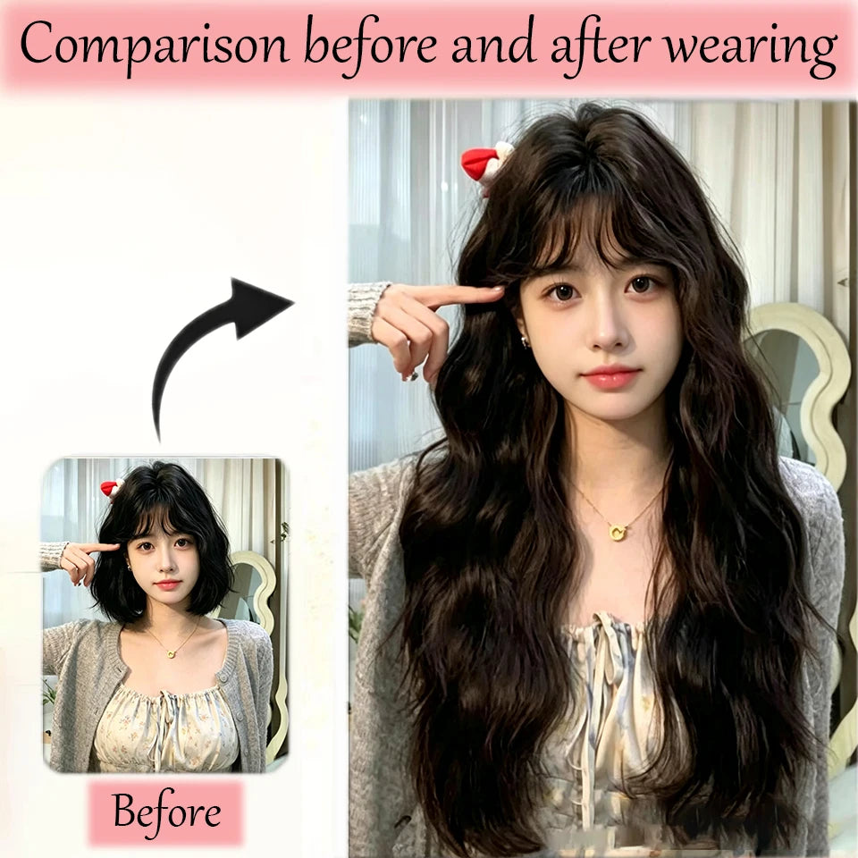 Long Curly Hair Wool Synthetic Wig With Bangs Full Head Beauty Temperament Wig for Girl Daily Party Halloween Christmas Festival