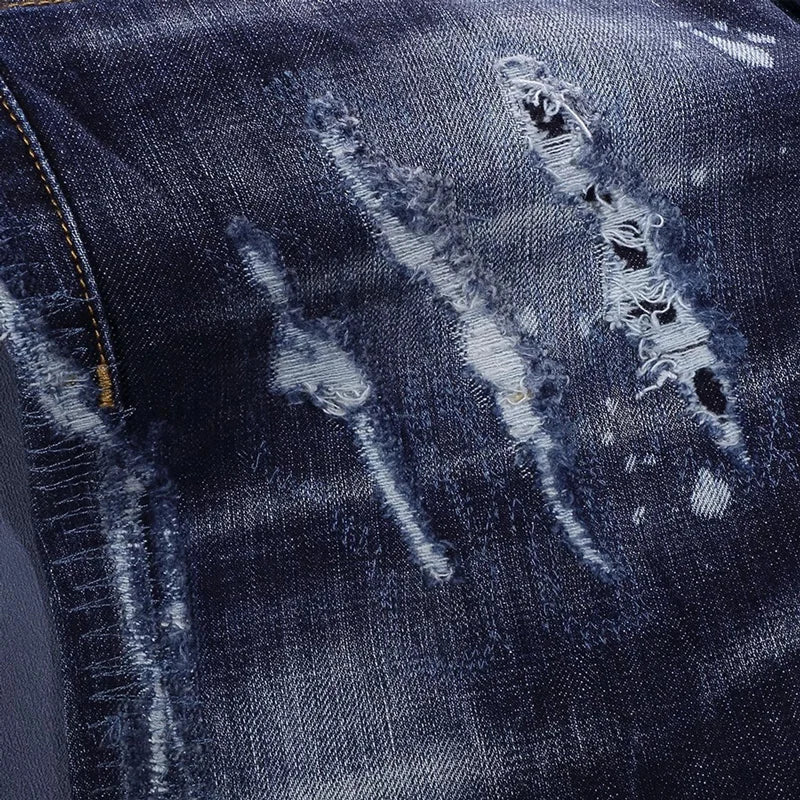 Fashionable men's deep blue jeans with scratches, washed water, nostalgic stretch, slim fit, painted jeans, designer high street