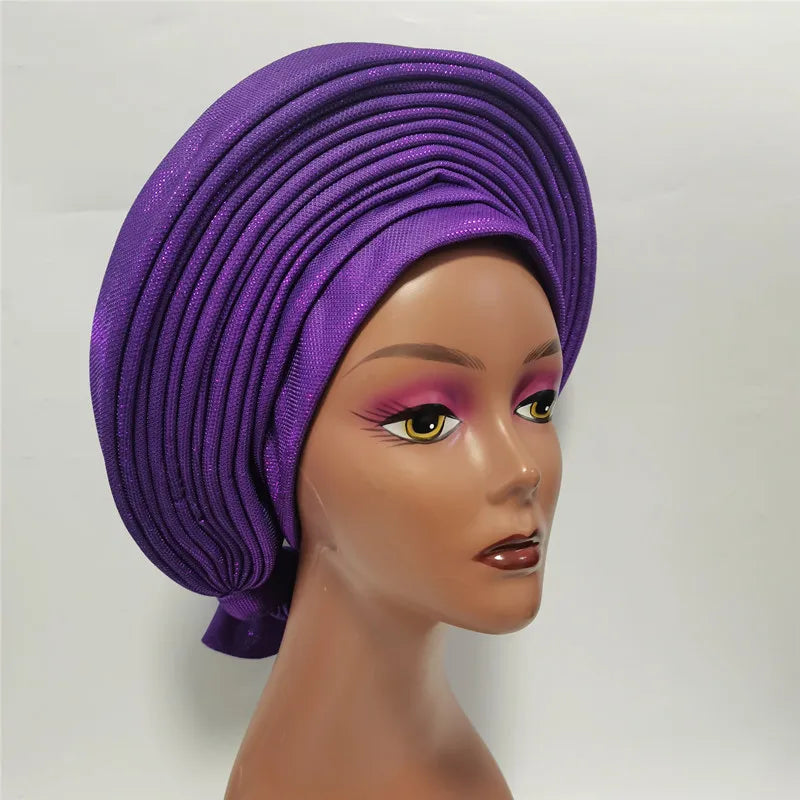 Nigerian Blue Gele Headtie  Auto Gele Turban Headwarp Already Made Headtie African Turban Cap for Party XM207-1