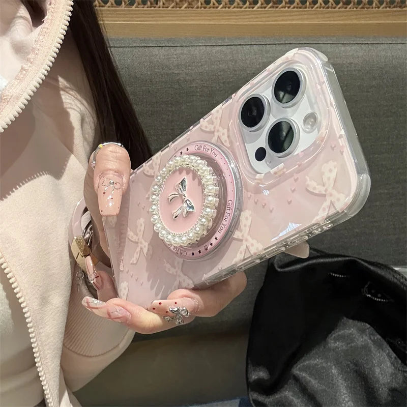 Lovely Magnetic Phone Case For iPhone 16 Pro 15 14 13 Pro Max 15Pro Cover with Pearl Bowknot Stand Shockproof Cases for Magsafe