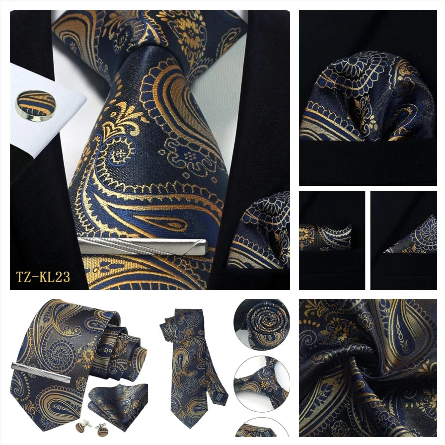 Mens Tie Set Silk Silver Paisley Floral Necktie and Pocket Square Cufflinks Tie Clip Classic Formal Ties for Men Wedding Party