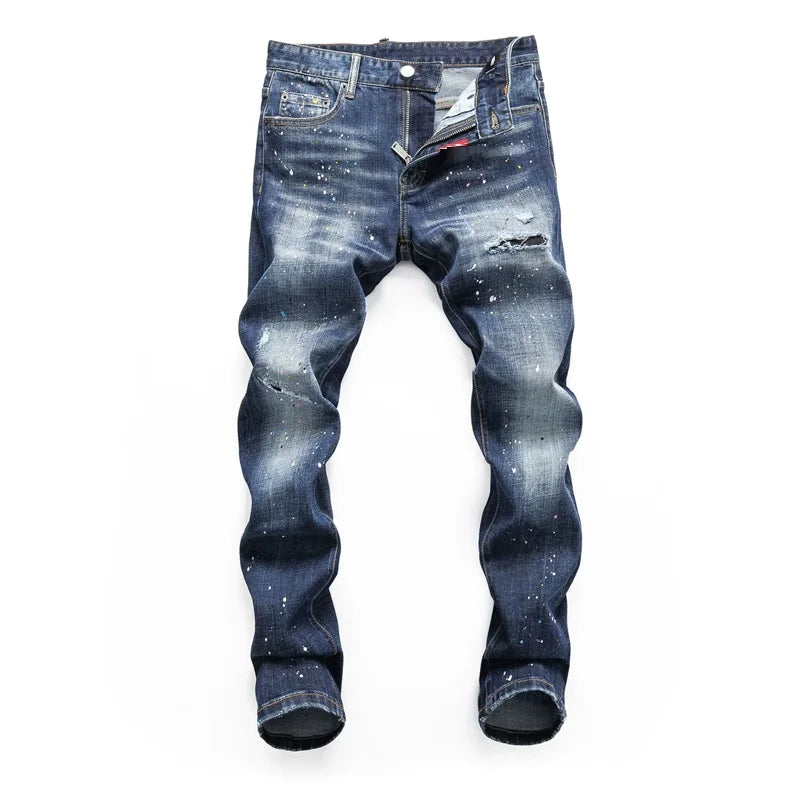 High Quality Street Fashion Men Jeans Retro Blue Elastic Slim Fit Ripped Jeans Men Embroidery Designer Denim Brand Pants Hombre