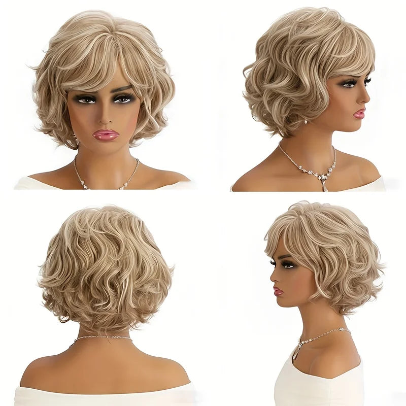 Women's short curly hair wig made beige mixed with gold synthetic fiber, suitable women's daily outings role-playing Halloween