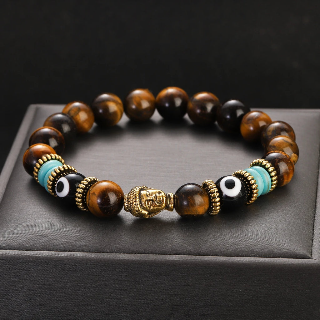 Classic Buddha&Evil Eye Bracelet Women Men 10mm Round Turquoises Blue Stone Bangles Handmade Elastic Yoga Bracelet