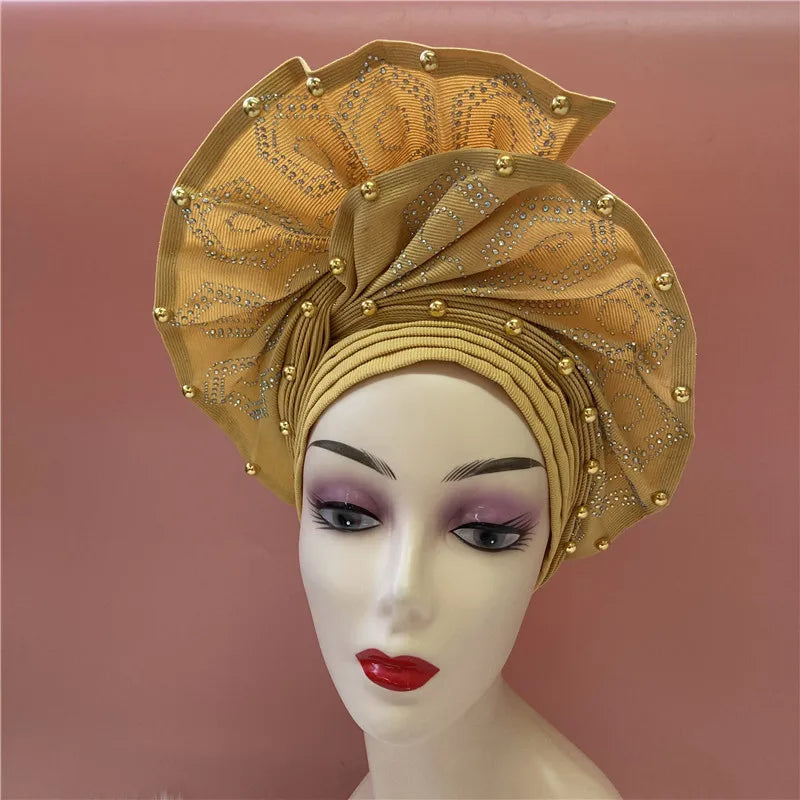High Quality African Nigeria Gele Elegant Helmet With Stones Headband Turban Head Scarf Head-Hat Auto Gele Brand New Hats 7L5191