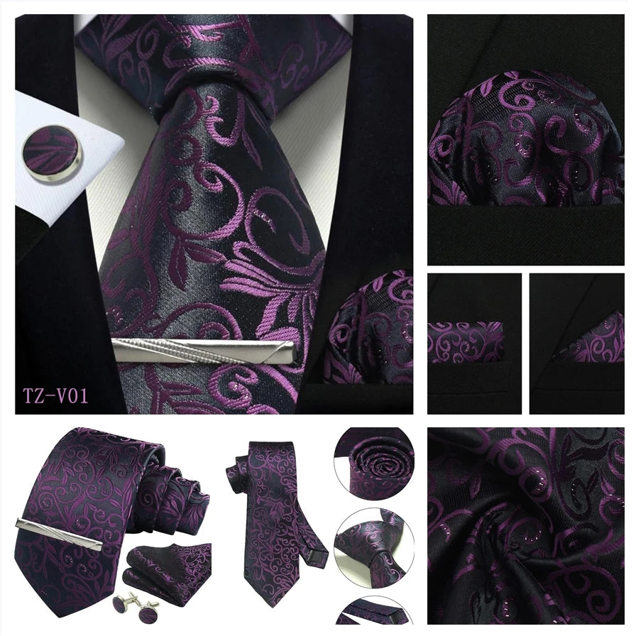 Mens Tie Set Silk Silver Paisley Floral Necktie and Pocket Square Cufflinks Tie Clip Classic Formal Ties for Men Wedding Party