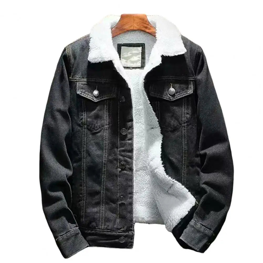 Men Jean Jacket Thicken Lamb Cashmere Lining Men Denim Coat Solid Color Coldproof Outerwear Winter Single Breasted Men Jean Coat