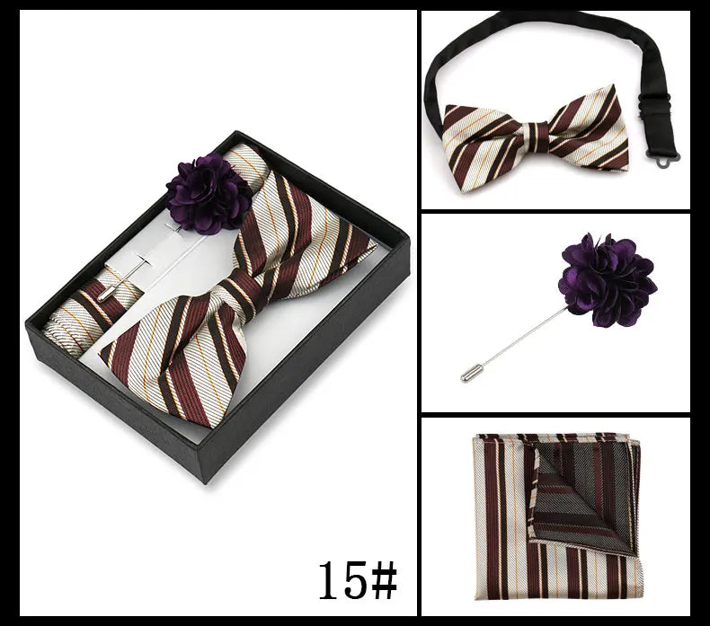 Classic High Quality Bow Tie Set Box Gift For Men Fashion Elegant Bowtie Handchief And Brooch Set Wedding Business Accessories