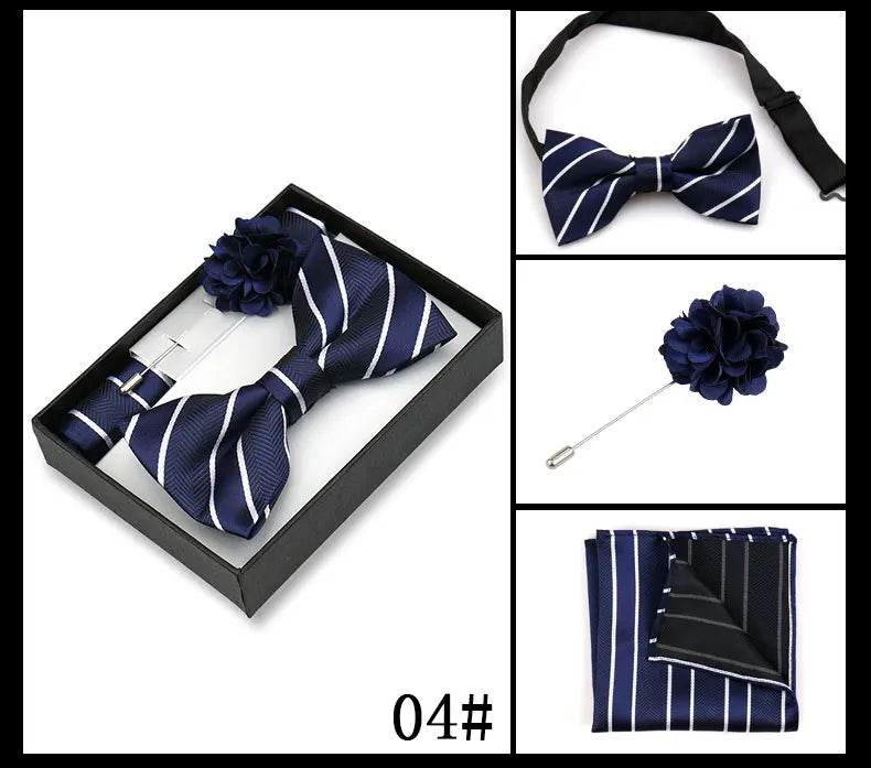 Classic High Quality Bow Tie Set Box Gift For Men Fashion Elegant Bowtie Handchief And Brooch Set Wedding Business Accessories