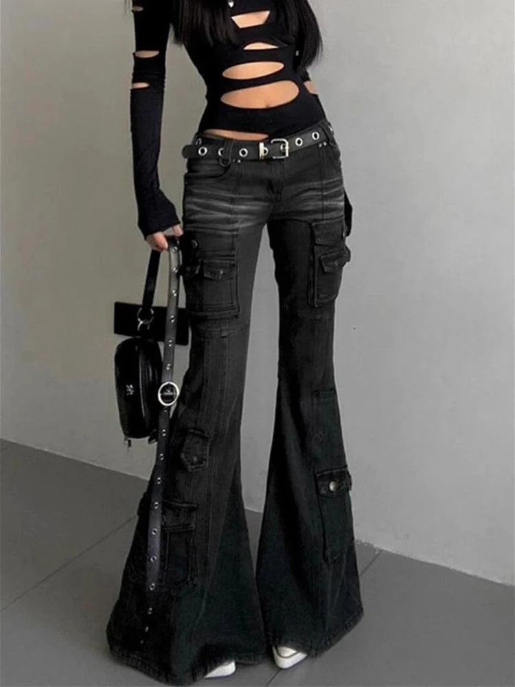 Black Low Waist Cargo Jeans 2000s Distressed Whiskers Multi-pocket Stretch Bootcut Pants Women Retro Grunge Streetwear