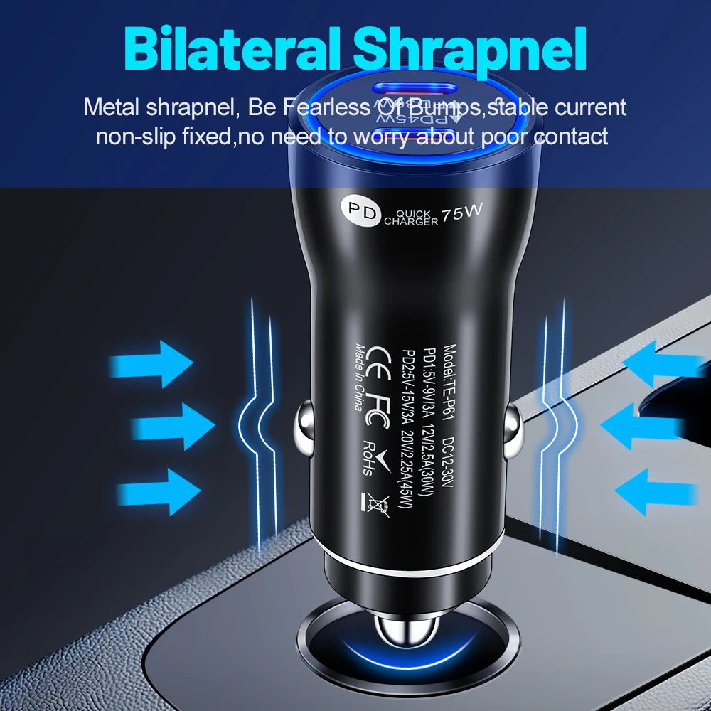 75W USB C Car Charger Dual Ports Type C PD Charger In Car Fast Charge Adapter For iPhone 15 14 Xiaomi Samgsung Car Phone Charger