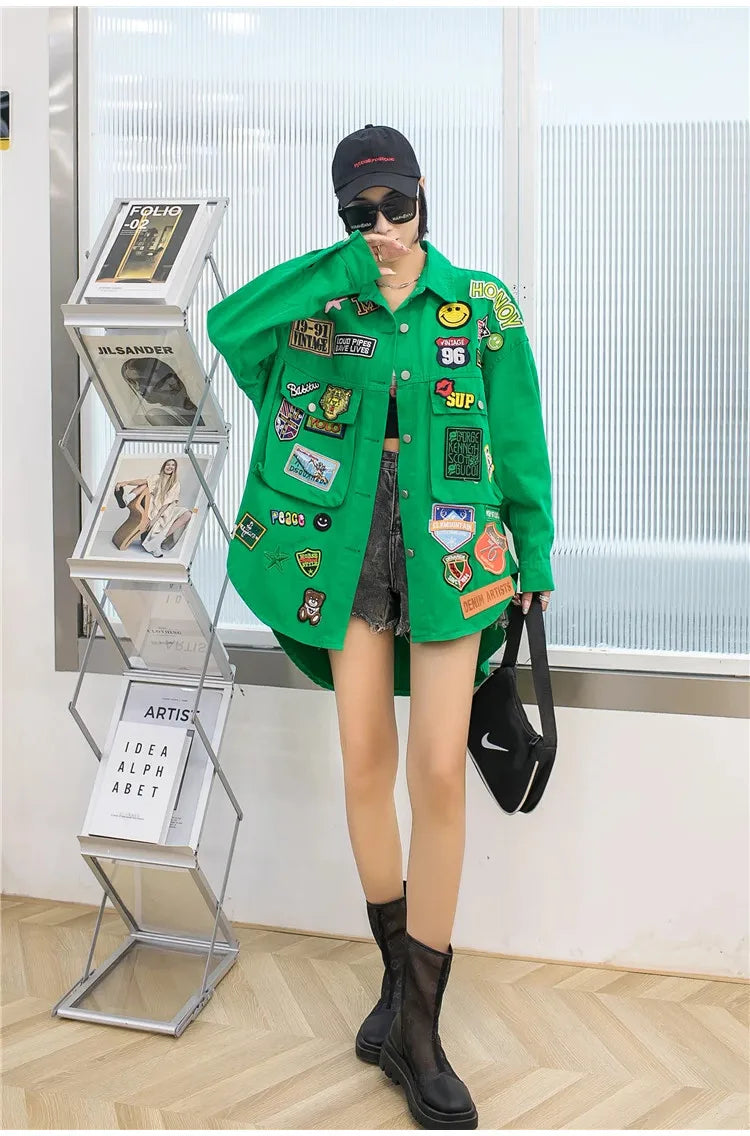 Fashion Embroidery Patches Denim Jacket Coat Women Harajuku Streetwear Hip Hop Trend Loose Jean Jackets Outerwear