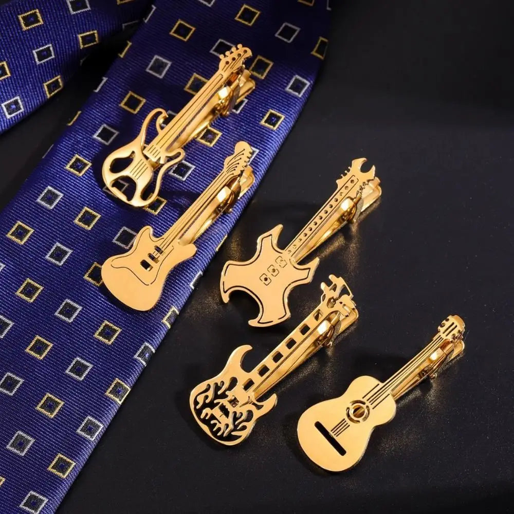 Treble Clef Guitar Tie Clip Titanium Steel Instrument Music Note Tie Pin Hip Hop Punk Piano Necktie Buckle Concert Accessories