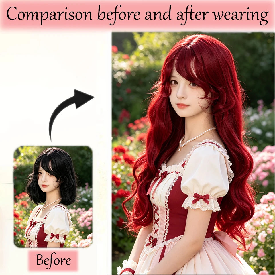 Long Straight Wavy Wine Red Wig With Bang Synthetic Wigs for Women Heat Resistant Natural Hair for Daily Halloween Cosplay Party
