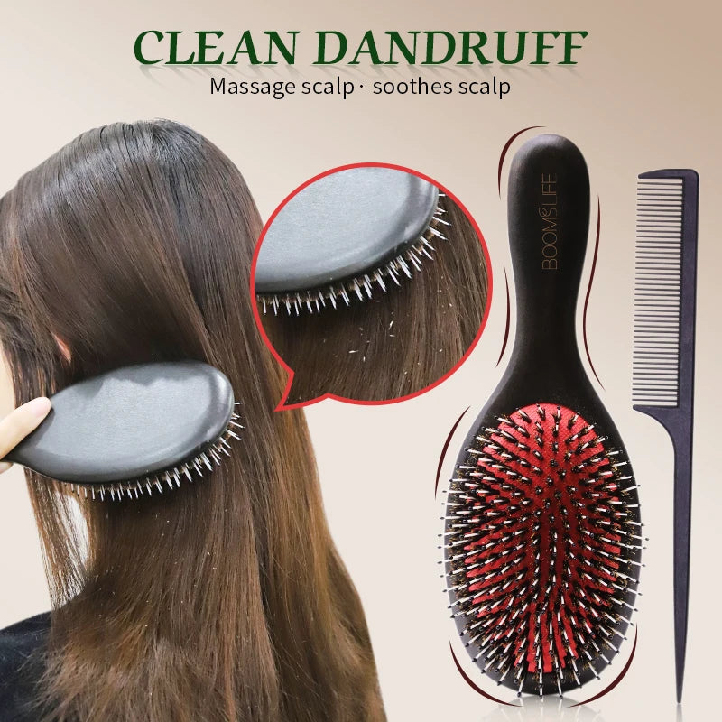 Boar Bristle Hair Brush Women Custom Name Detangling Hair Brush For Curly Hair Wooden Comb Head Scalp Massage Hair Comb