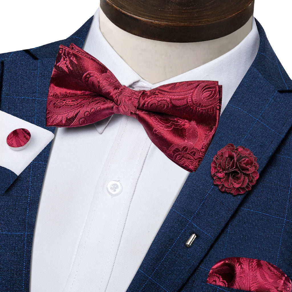 Wedding Bow Tie for Men Classic Red Pre-tied Bowtie Cufflinks Corsage Set for Party Butterfly Knot Gift Man Accessories