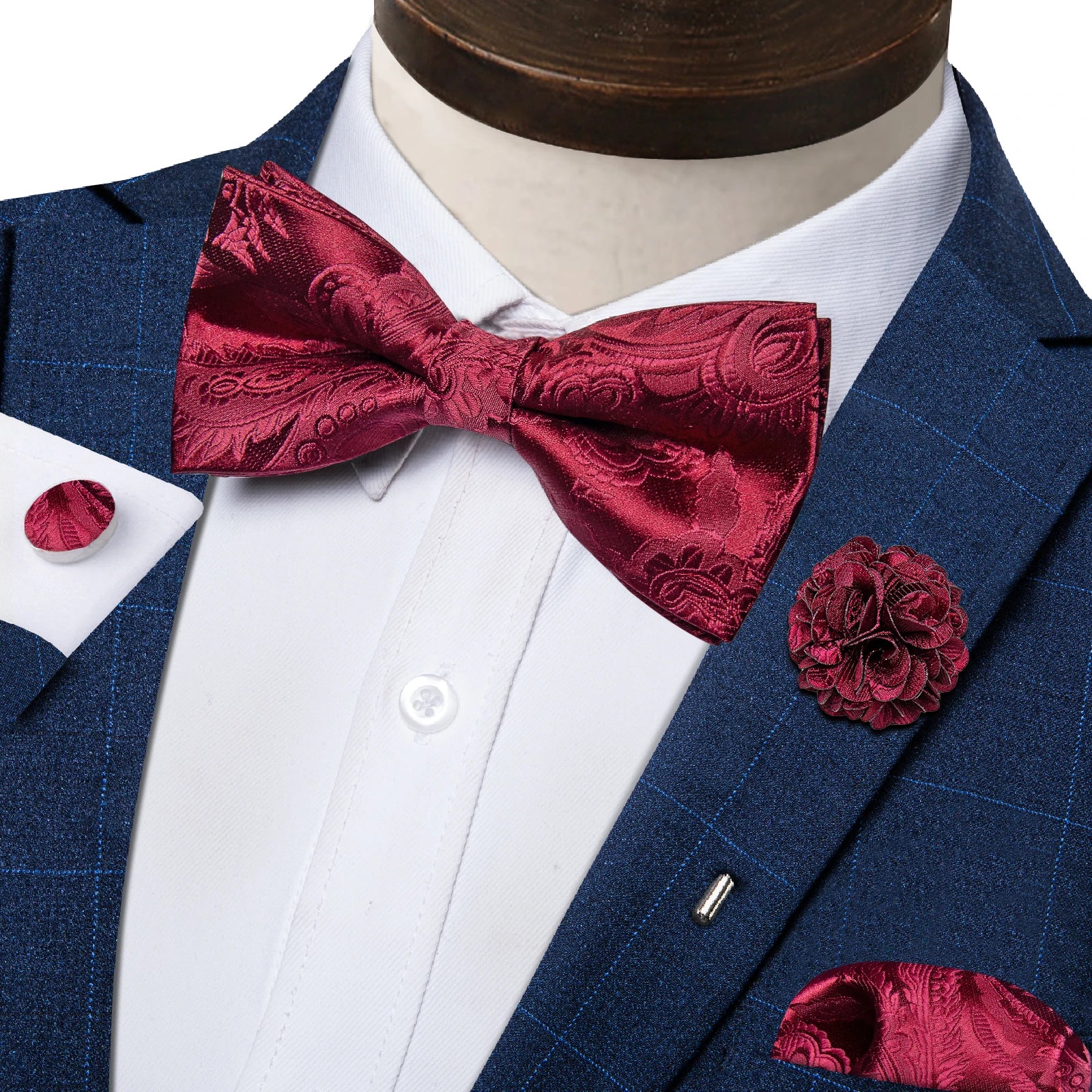 Wedding Bow Tie for Men Classic Red Pre-tied Bowtie Cufflinks Corsage Set for Party Butterfly Knot Gift Man Accessories