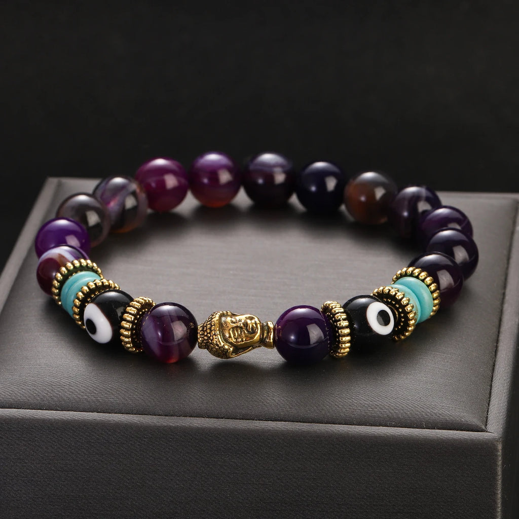 Classic Buddha&Evil Eye Bracelet Women Men 10mm Round Turquoises Blue Stone Bangles Handmade Elastic Yoga Bracelet