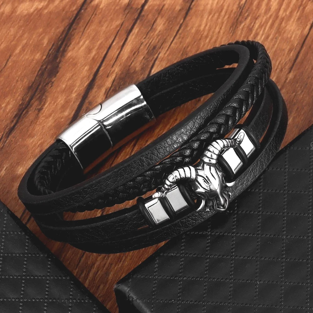 New Vintage Leather Woven Rope Bracelet Titanium Steel Sheep's Head Magnetic Buckle Men's Bracelet Fashion Jewelry Wholesale