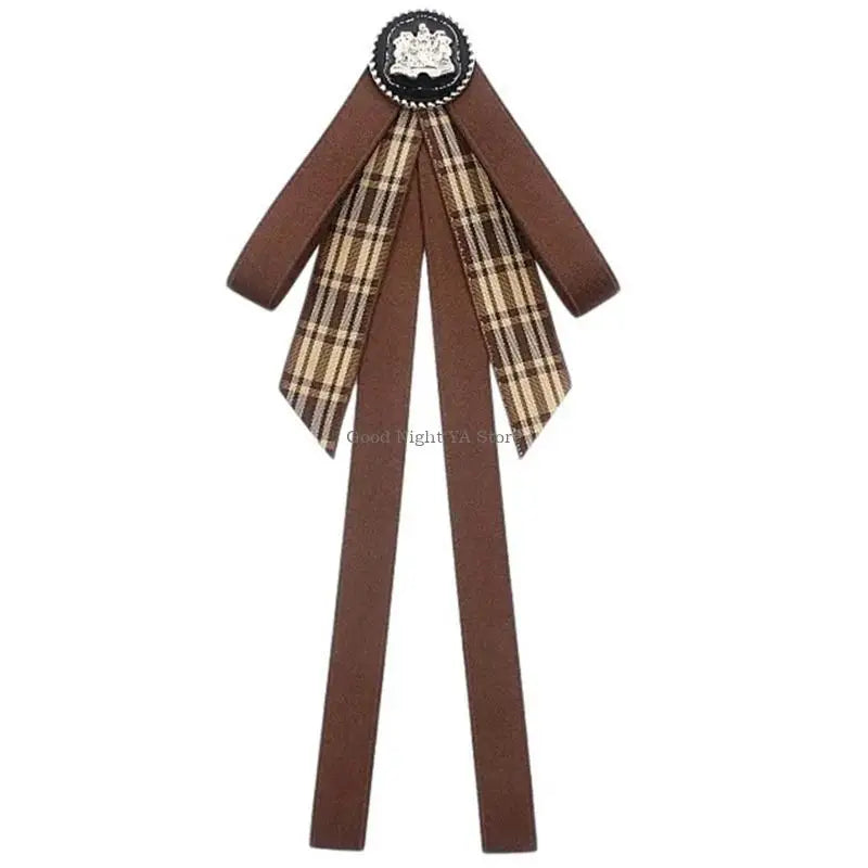 Retro Brown Plaids Bowtie Brooch Pin Uniform Ribbon Bowknot Jabot Collar Necktie