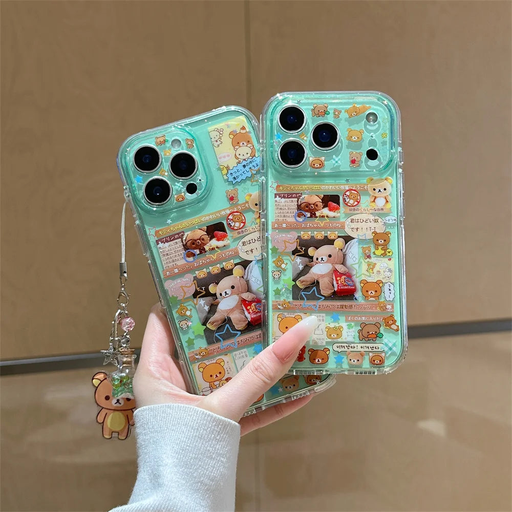 Kawaii Rilakkuma Cartoon Phone Case for iPhone 17 16 15 Pro16 Max 17 Pro Max Cover Cute Shockproof Funda Capa With Charm Cases