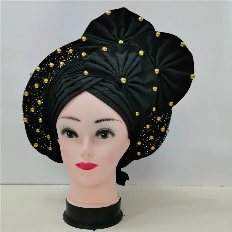 High Quality African Nigeria Gele Elegant Helmet With Stones Headband Turban Head Scarf Head-Hat Auto Gele Brand New Hats 7L1181