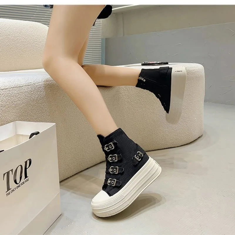 Women Platform Canvas Shoes Outdoor Goth Punk Versatile Sneaker Buckle Strap Design High Top Fashion Zipper Boots Female Cosplay
