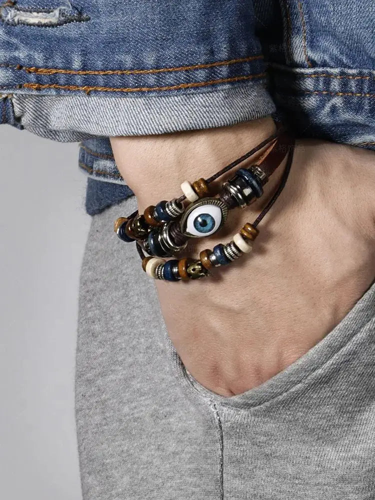 Braided Leather Bracelets for Men Women Wrap Wood Beads Cuff Bracelet Hemp Cords Ethnic Tribal Handmade Wrap Wristband Bracelets