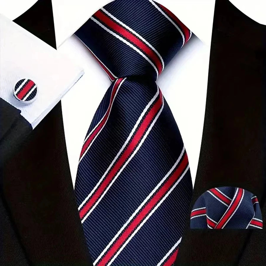 Mens Tie Set Stripes Necktie and Pocket Square Cufflinks Tie Clip Classic Formal Neck Ties for Men Wedding Business Party