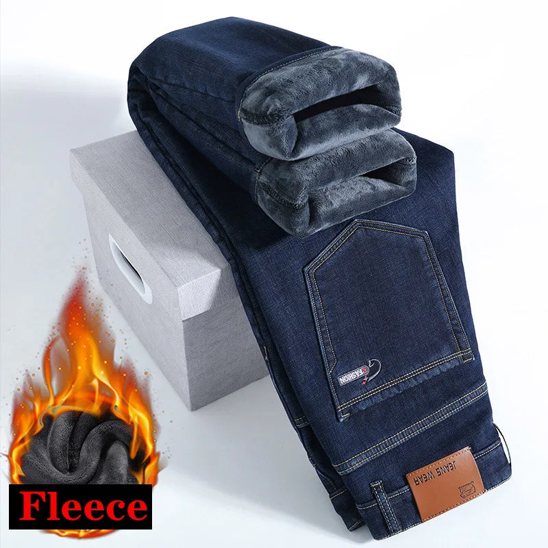 High Quality Men Fleece Jeans Business Casual Slim Straight Denim Trousers Autumn Winter New Plus Size Thickened Warm Men Pants