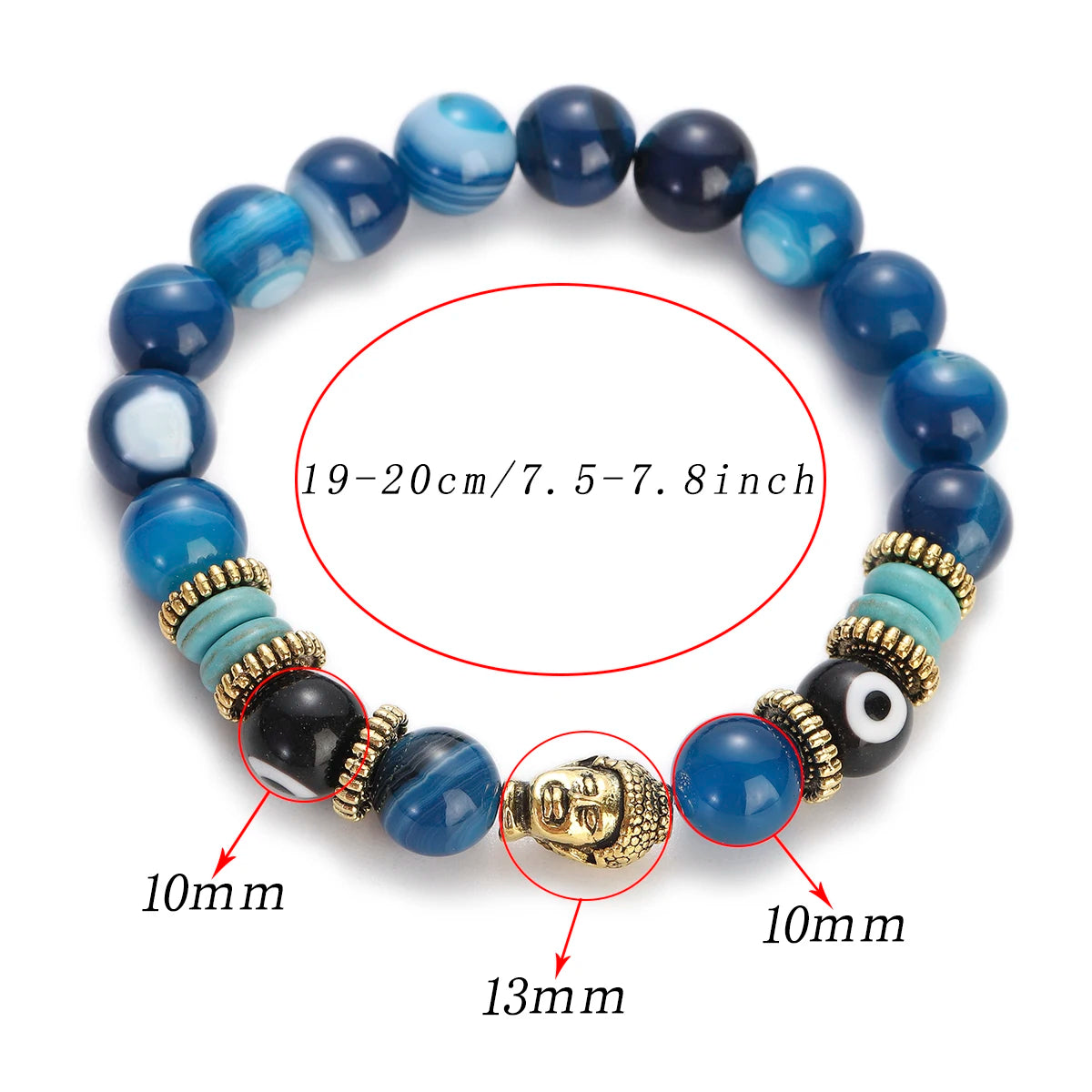 Classic Buddha&Evil Eye Bracelet Women Men 10mm Round Turquoises Blue Stone Bangles Handmade Elastic Yoga Bracelet