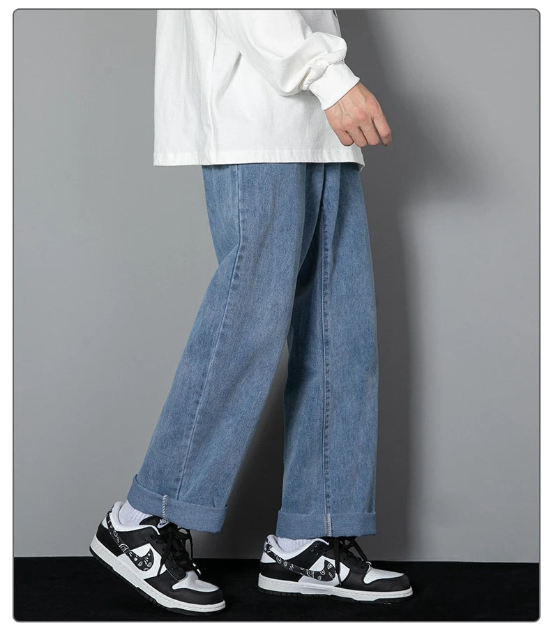 2026 New Korean Men's Casual Long Jeans Classic Man Straight Denim Wide-leg Pants Solid Color Light Blue Grey Black