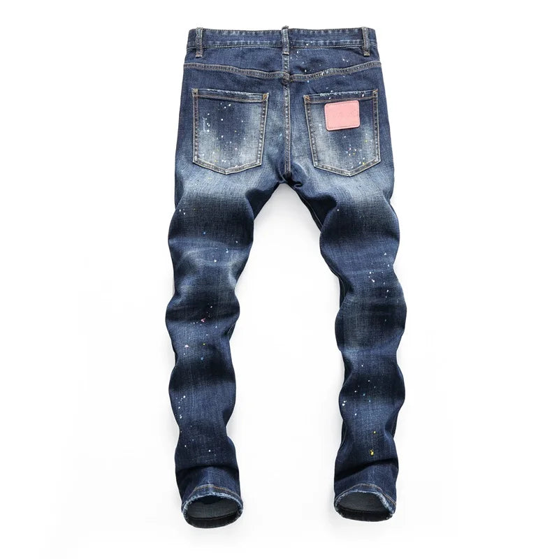 High Quality Street Fashion Men Jeans Retro Blue Elastic Slim Fit Ripped Jeans Men Embroidery Designer Denim Brand Pants Hombre