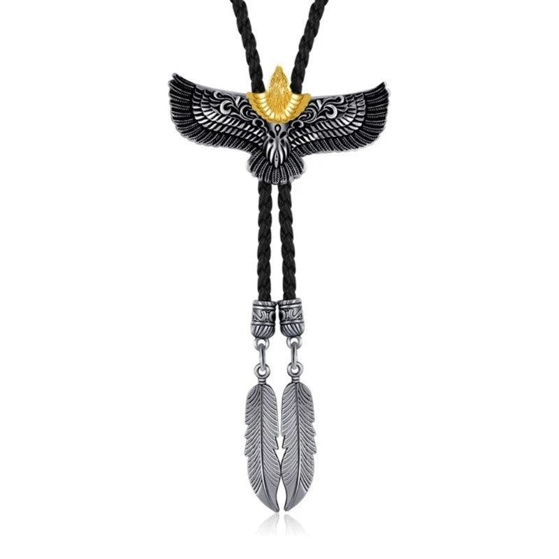 Mens Women Bolo Tie Cowboy Necktie Leather Rope Necklace with Metal Flying Feathered Pendant Jewelry Shirt Chain