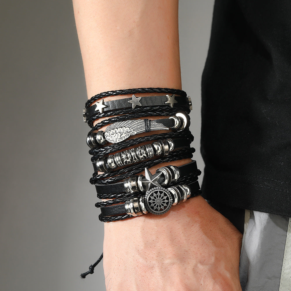 5Pcs/ Set Braided Wrap Leather Bracelets for Men Vintage Life Tree Rudder Charm Wood Beads Ethnic Tribal Wristband Rope Bracelet