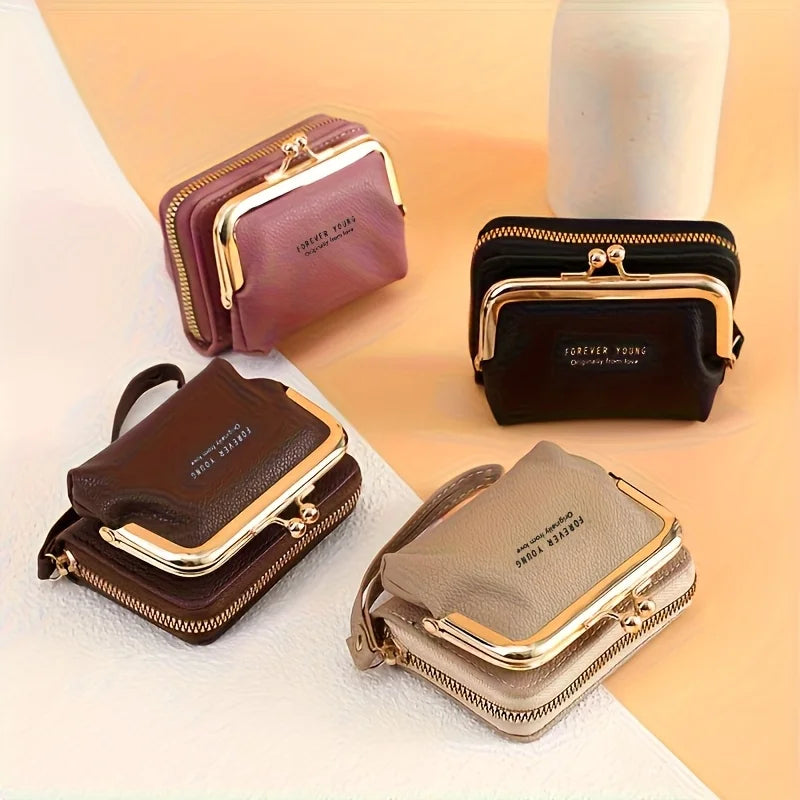 Women'S Elegant Wallet with Wrist Strap & Kiss Button Closure -Golden-Tone Hardware,Zipper Pocket & Card Holder,Wallet for Women